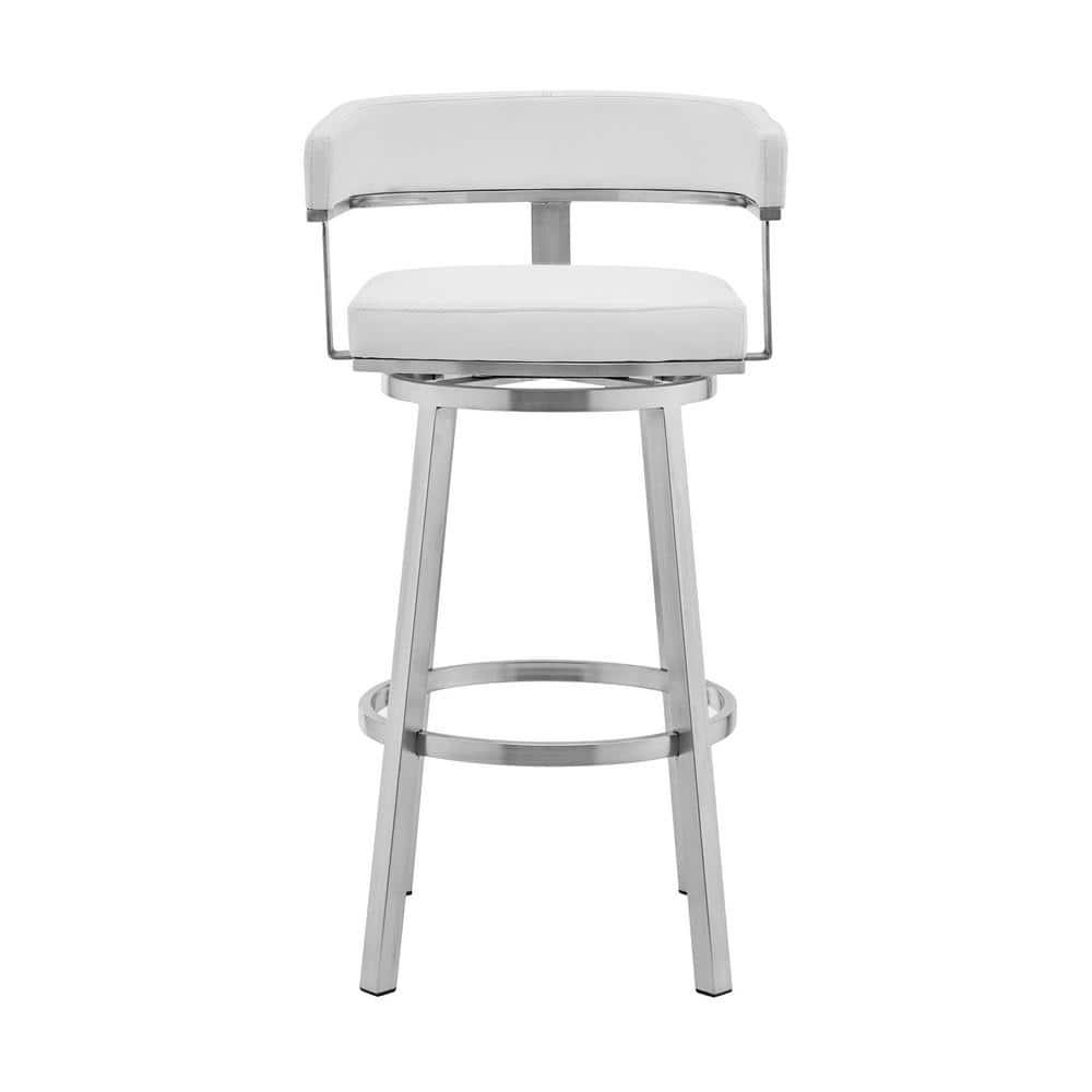 Armen Living Cohen26" White Faux Leather and Brushed Stainless Steel Swivel Bar Stool