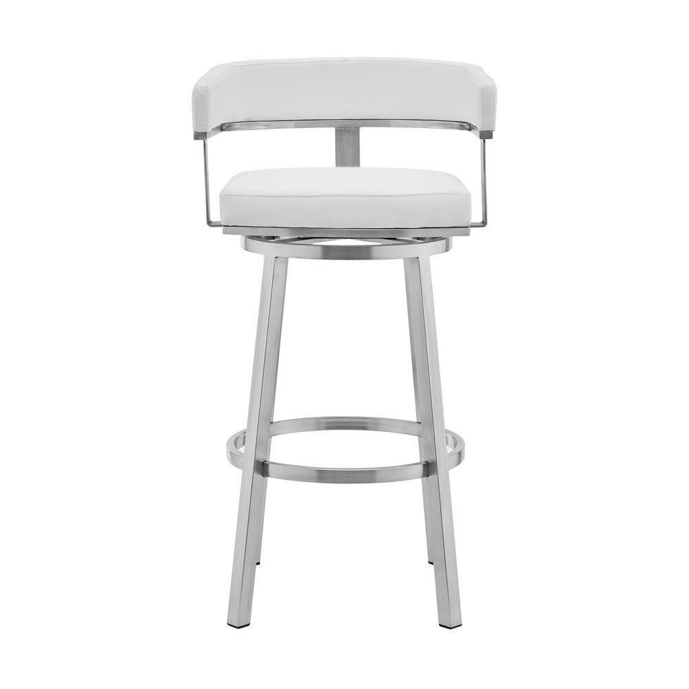 Armen Living Lorin30" White Faux Leather and Brushed Stainless Steel Swivel Bar Stool