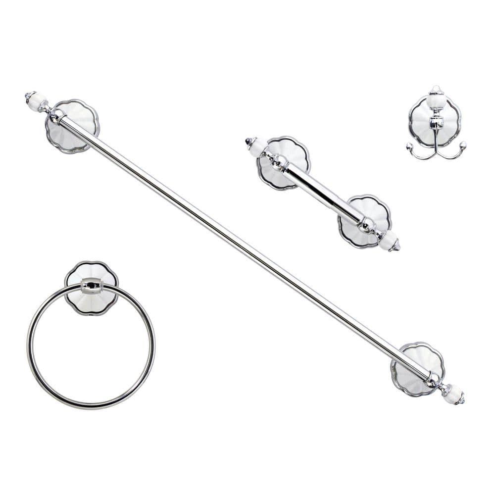 FLORA 4 Piece Bathroom Accessories Set in White Porcelain and Polished Chrome