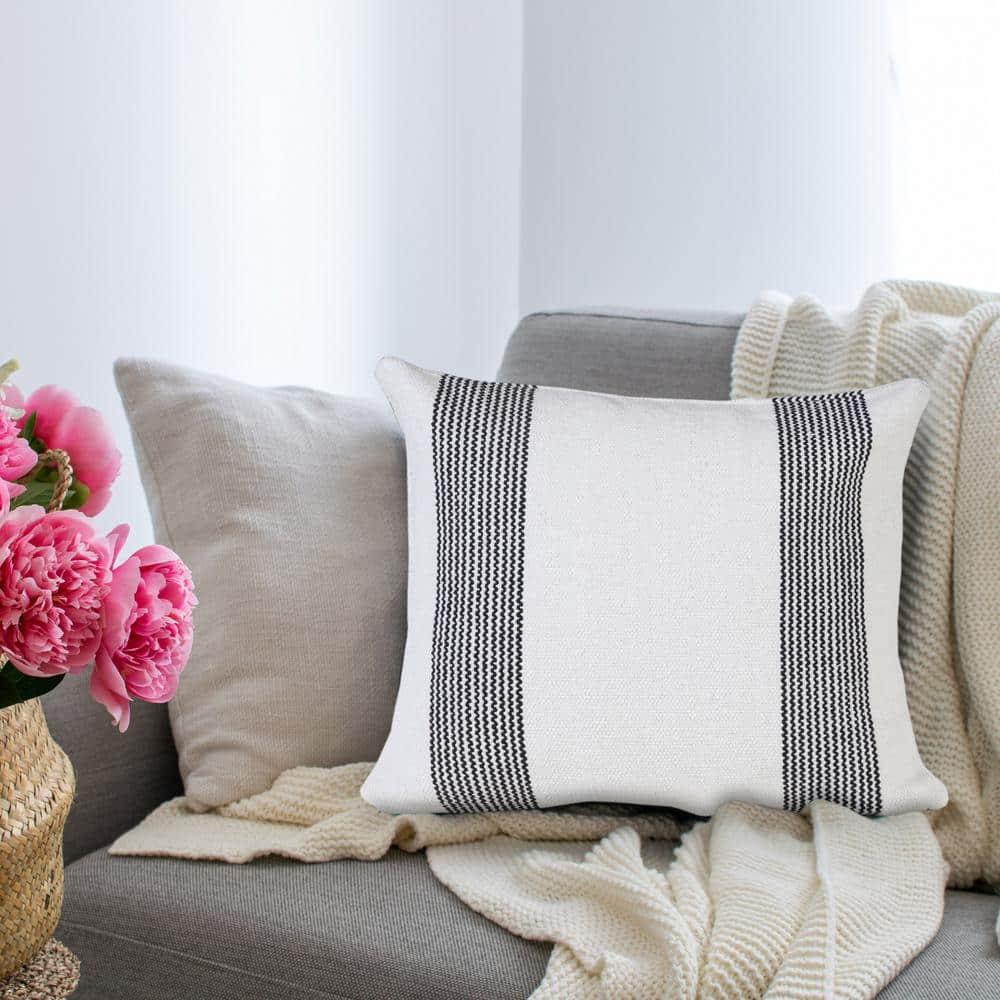 Ox Bay 20" x 20" Modern, Farmhouse, Coastal White, Black, Multi-color Stripes Cotton Throw Pillow , Zip Closure
