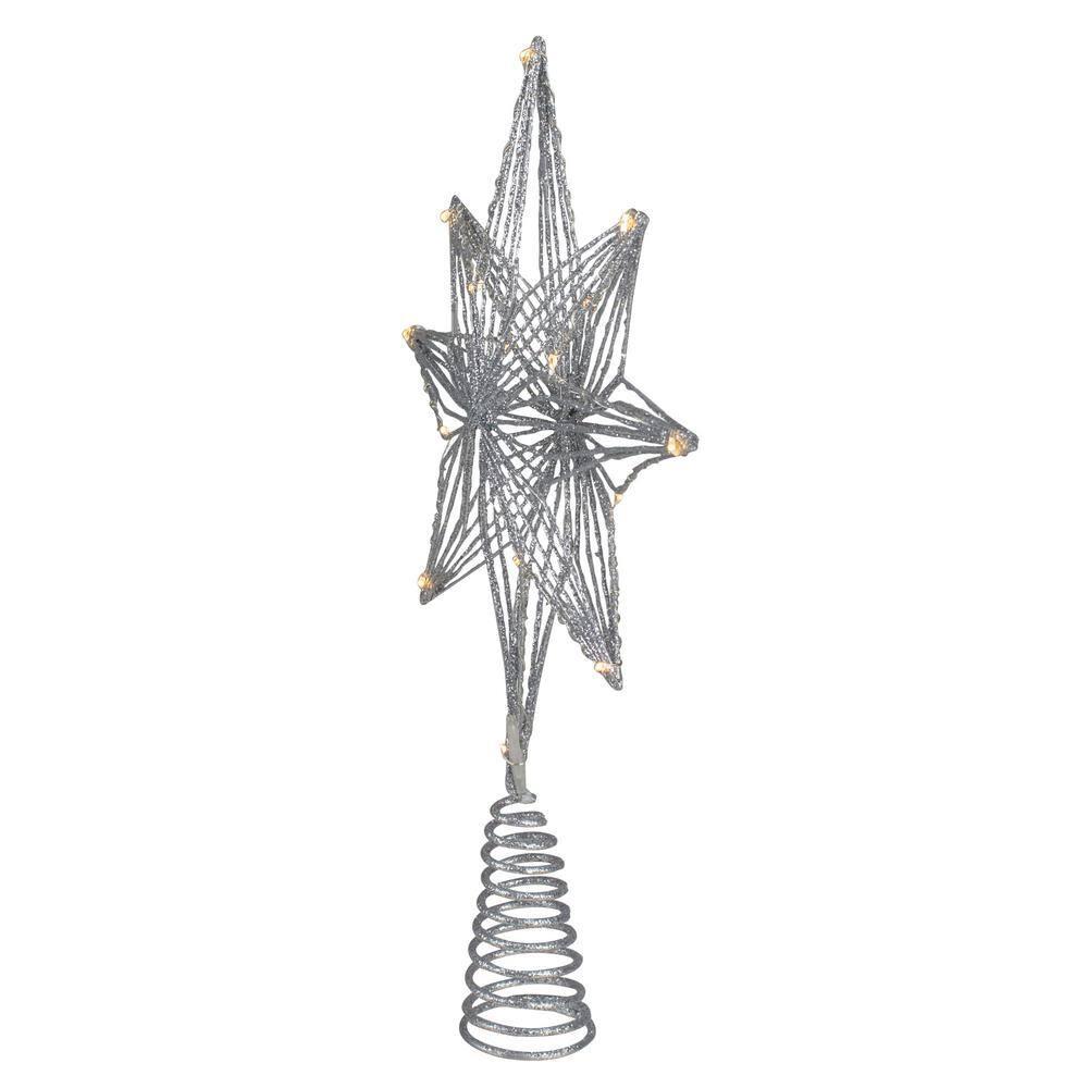 Northlight Seasonal 13.75" LED Lighted B/O Silver Glittered Geometric Star Christmas Tree Topper - Warm White Lights