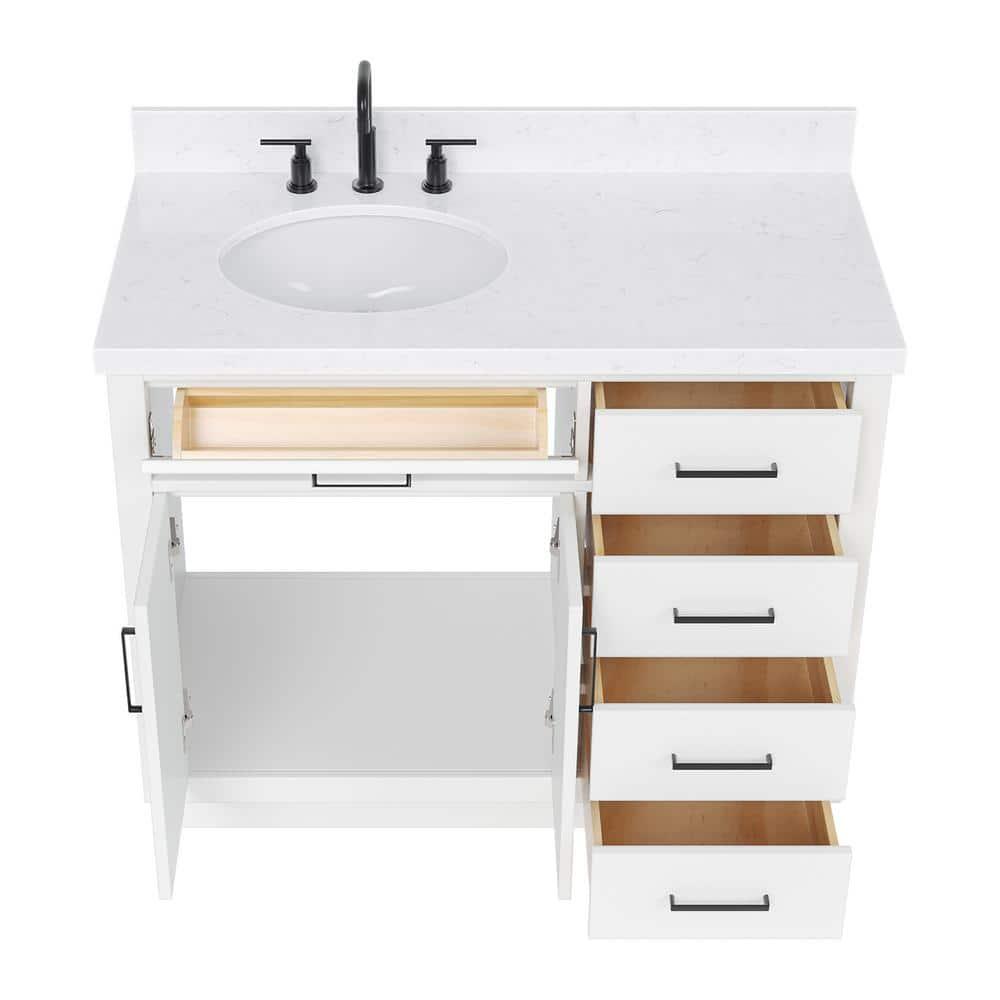 Hokku Designs Thornaby 42'' Solid Wood Single Bathroom Vanity with 1.5'' Carrara Quartz Top, Left Offset Oval Sink