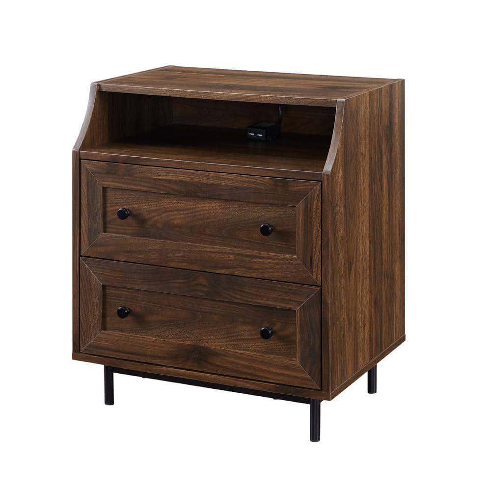 Walker Edison Modern 2 Drawer Nightstand with USB Port, Dark Walnut