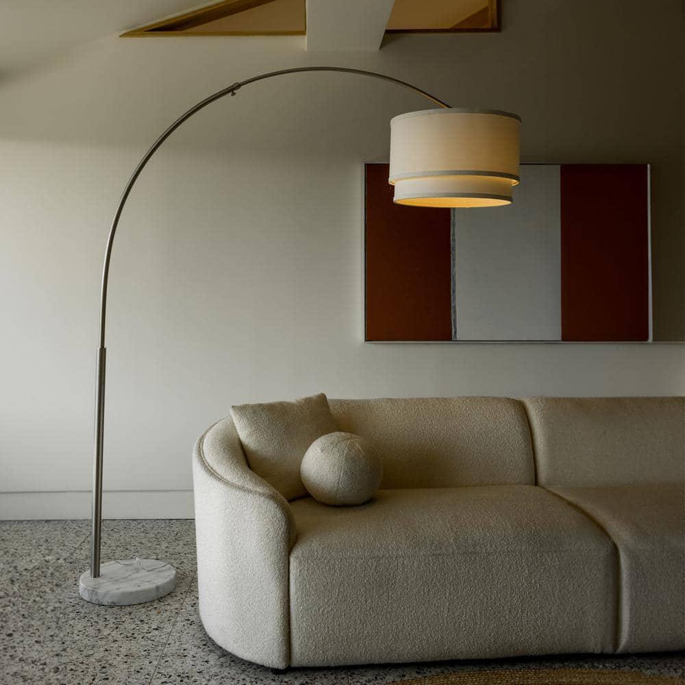 Mason 81 in. Modern Adjustable LED Arched Standing Floor Lamp with Fabric Drum Shade and Weighted Marble Base