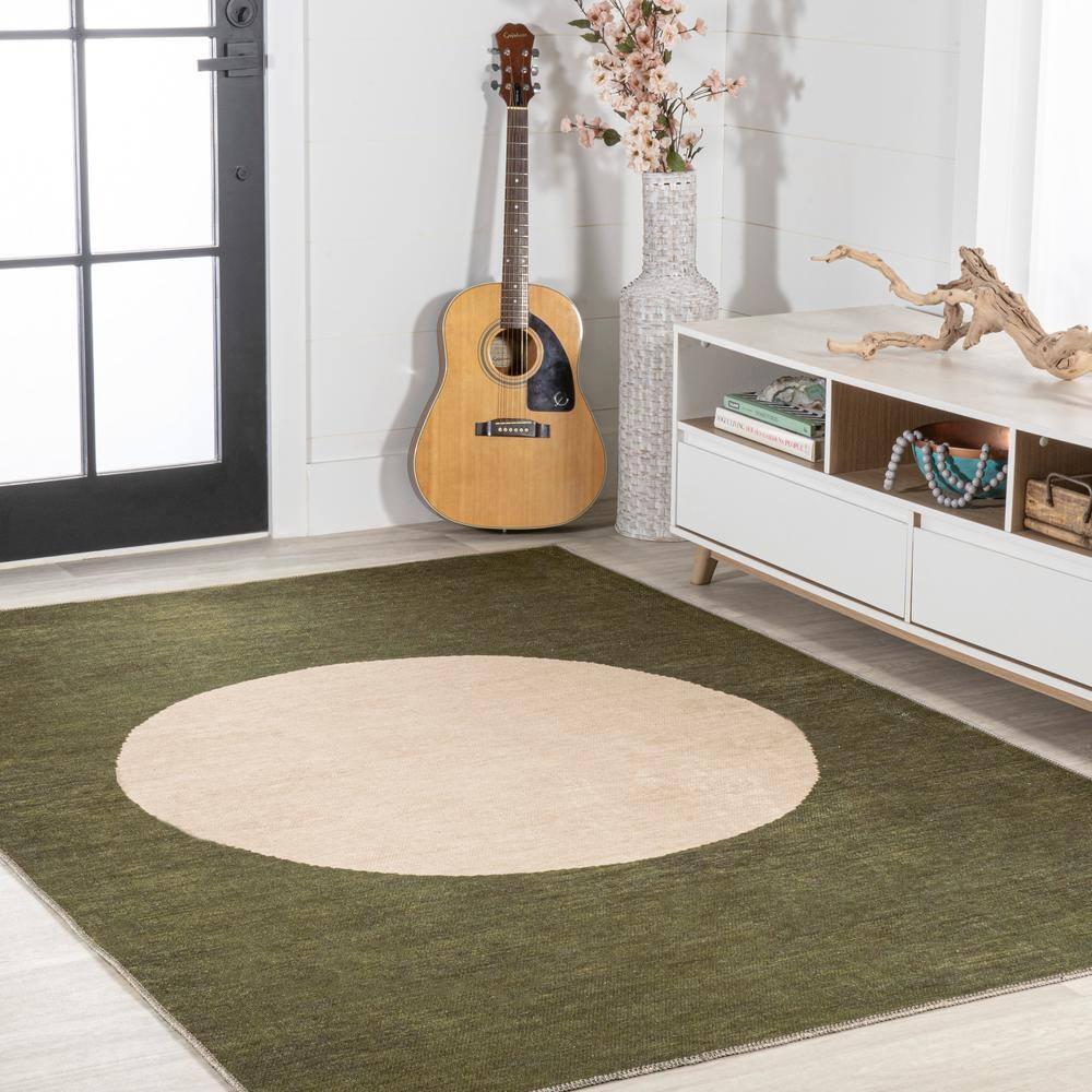 4' x 6' Cirkel Minimalist Geometric Dot Machine-Washable Area Rug, Olive/Cream - JONATHAN Y