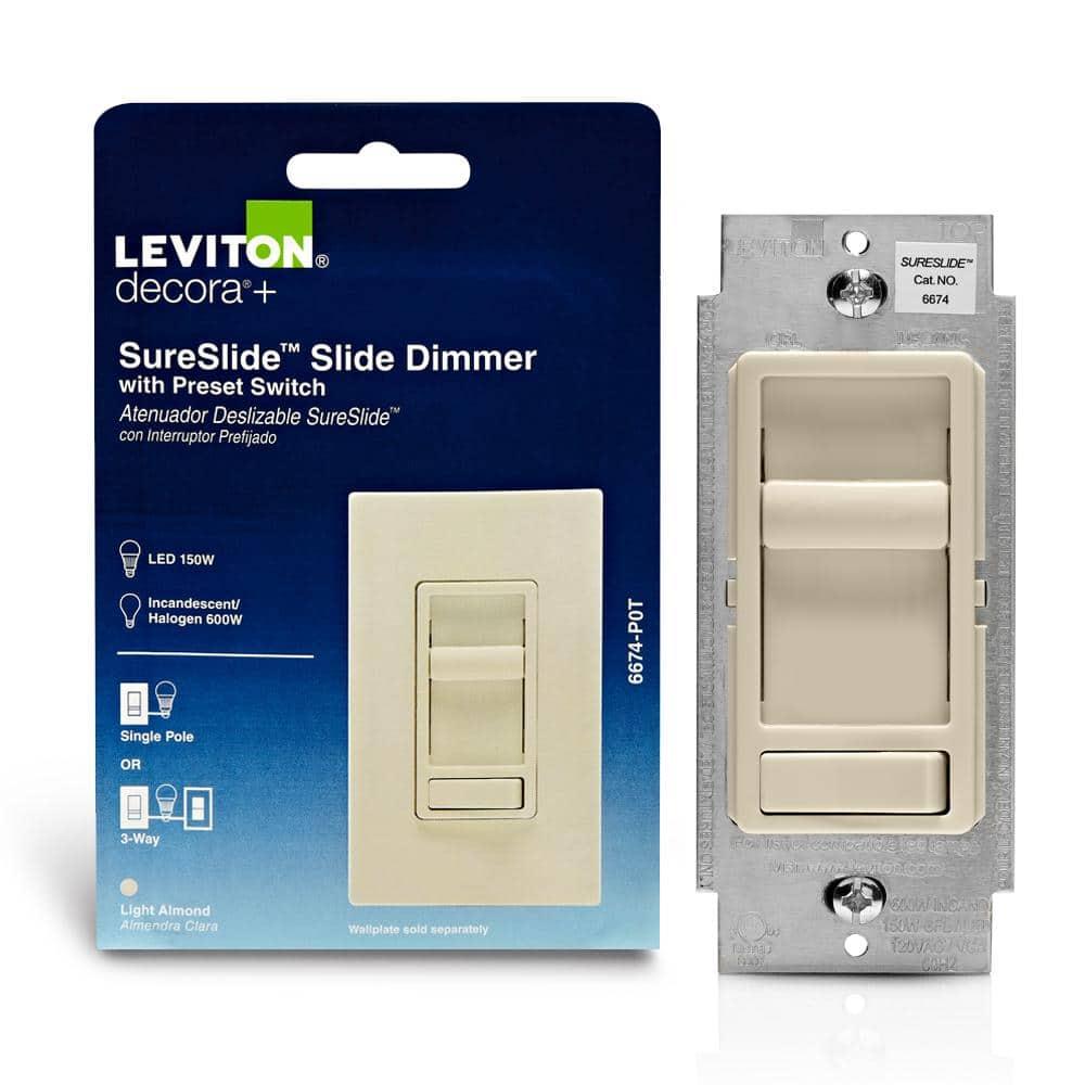 Leviton 6674-P0T SureSlide Universal 150-Watt LED and CFL/600-Watt Incandescent Dimmer, Light Almond