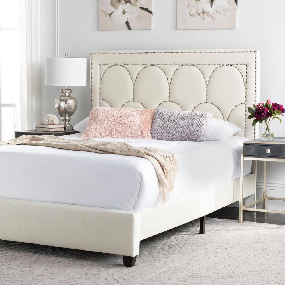 SAFAVIEH Solania Glam Upholstered Bed Frame with Nail Head, Queen, Cream