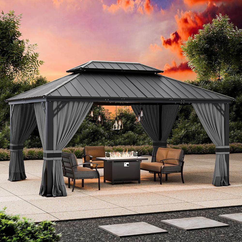 Kozyard Kozyard Alexander Gray Double Roof Hardtop Gazebo with Privacy Curtain Mosquito Netting