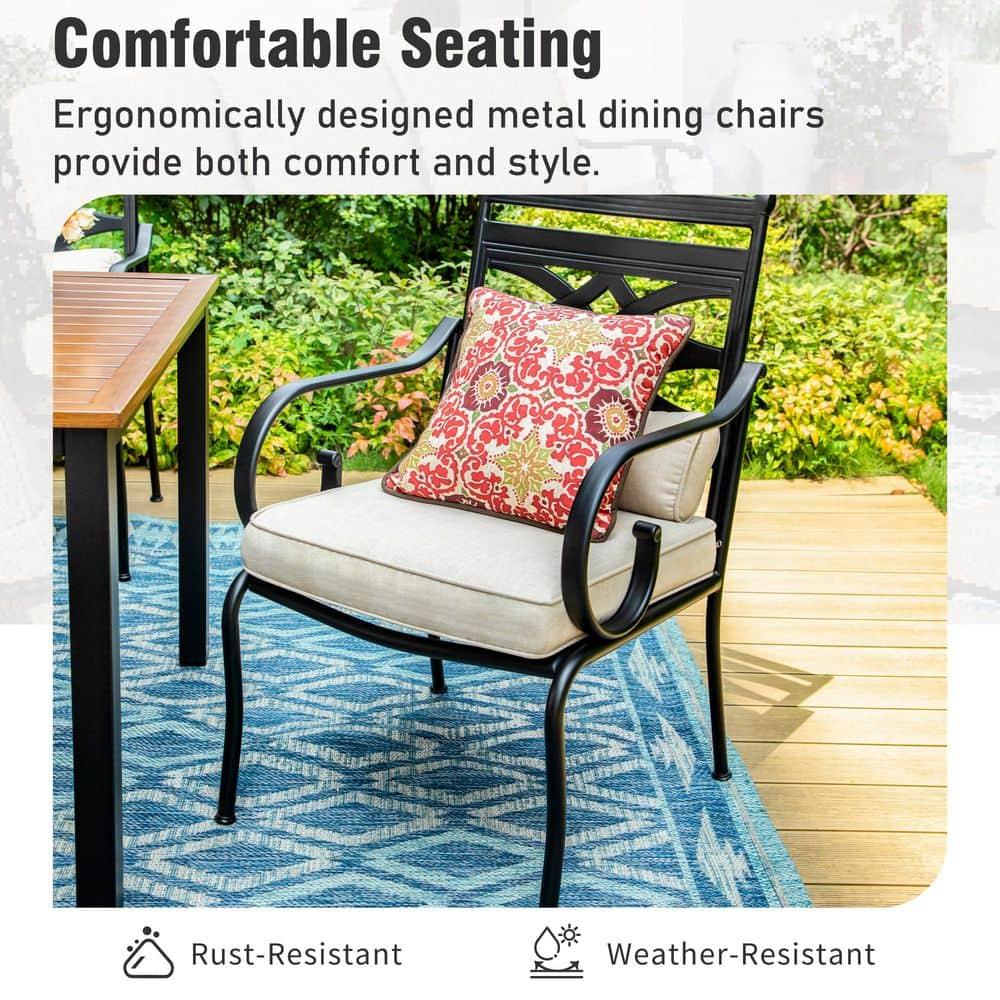 Summit Living 7-Piece Outdoor Patio Dining Set with 6 Swivel Cushioned Chairs & 1 Metal Steel Table, Black & Beige