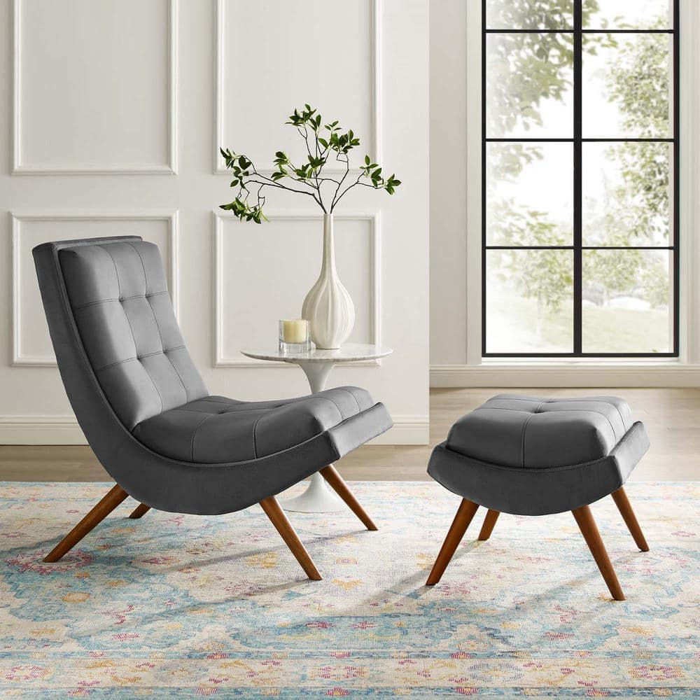 Modway Ramp Performance Velvet Lounge Chair and Ottoman Set in Gray