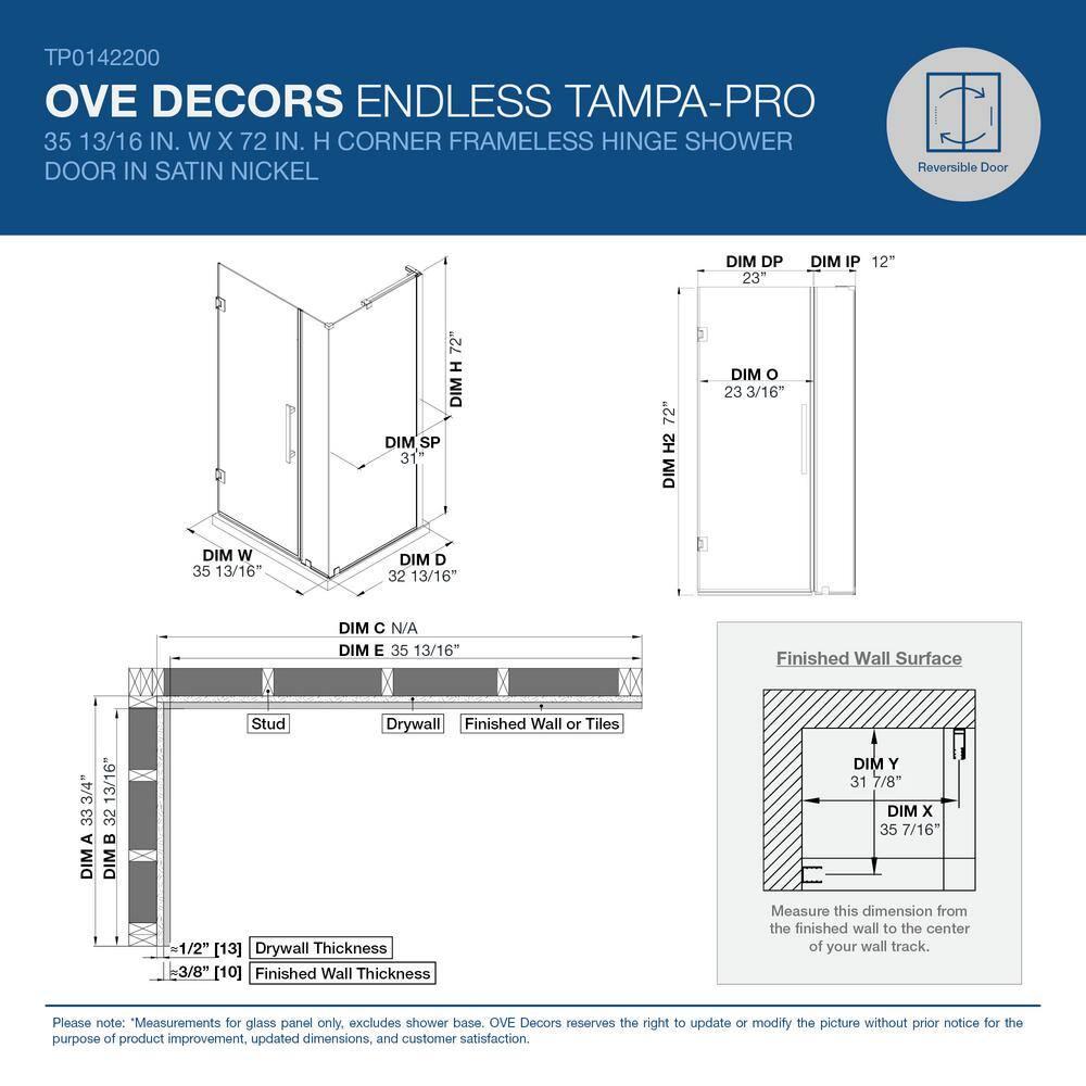 Ove Decors Endless Tampa-Pro 35" W x 72" H Corner Frameless Shower Kit, Door, Panel TP0142200