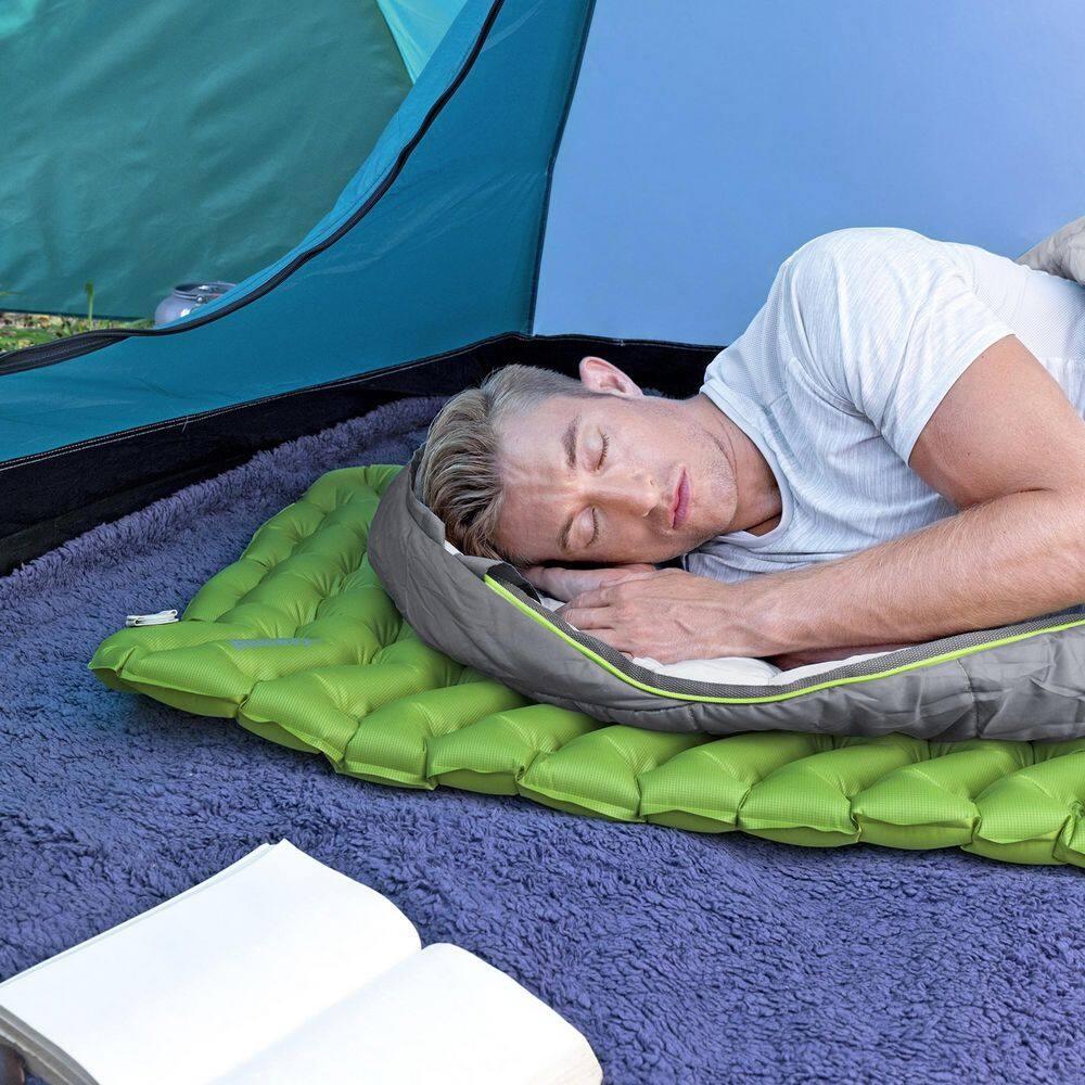 Bestway WanderLite 74 Inch by 23 Inch Regular Rectangular Nylon Fabric Outdoor Sleeping Air Pad with Repair Patch and Storage Bag, Green