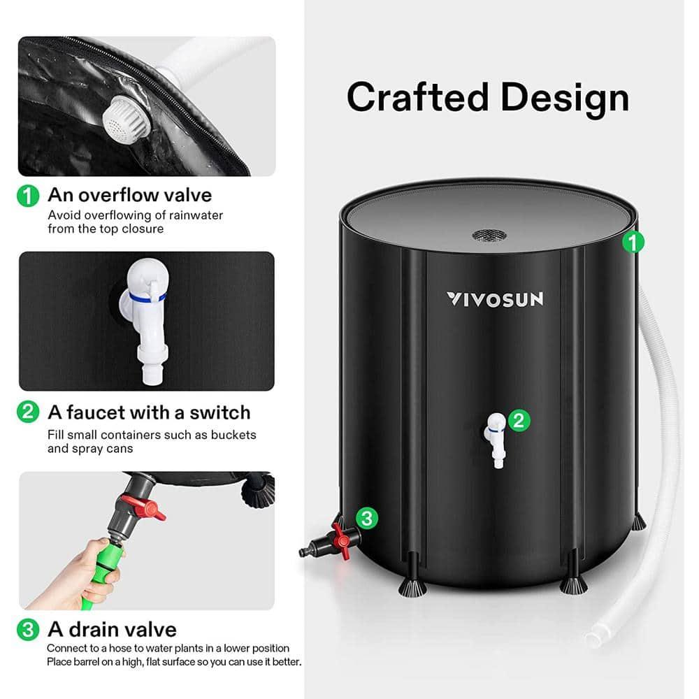 VIVOSUN Collapsible Rain Barrel, 53 Gallon Water Storage Tank with 1000D Oxford Cloth, Portable Rain Collection System Includes Two Spigots and Overflow Kit, Black