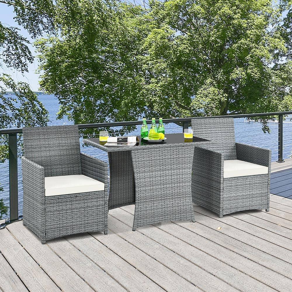 Canddidliike 3 Pieces Patio PE Rattan Furniture Set with 2 Ergonomic Chairs , Space-Saving Outdoor Conversation Set with Cushioned Armrest Sofa, Patio Bistro Set for Outdoor, White