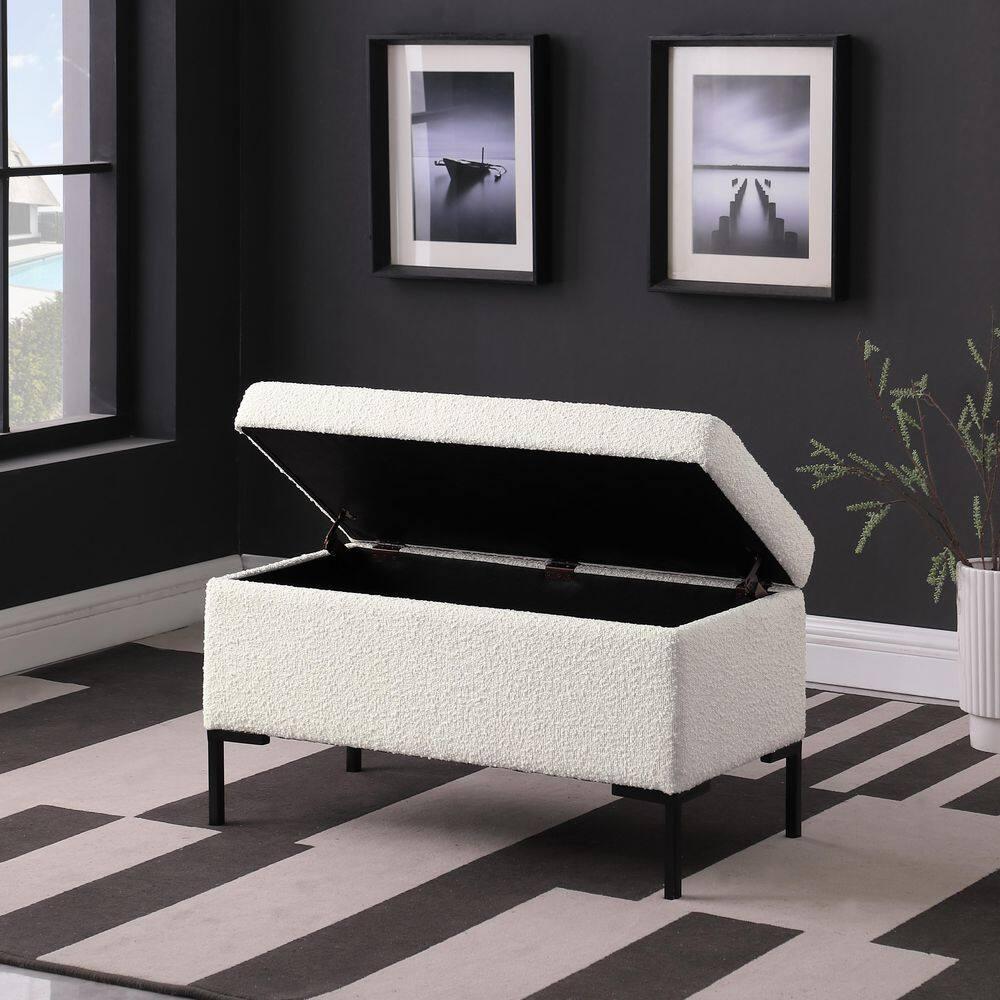 Medium Storage Bench with Metal Legs Cream Boucle - HomePop: Upholstered Rectangle for Modern Decor, Seats 2