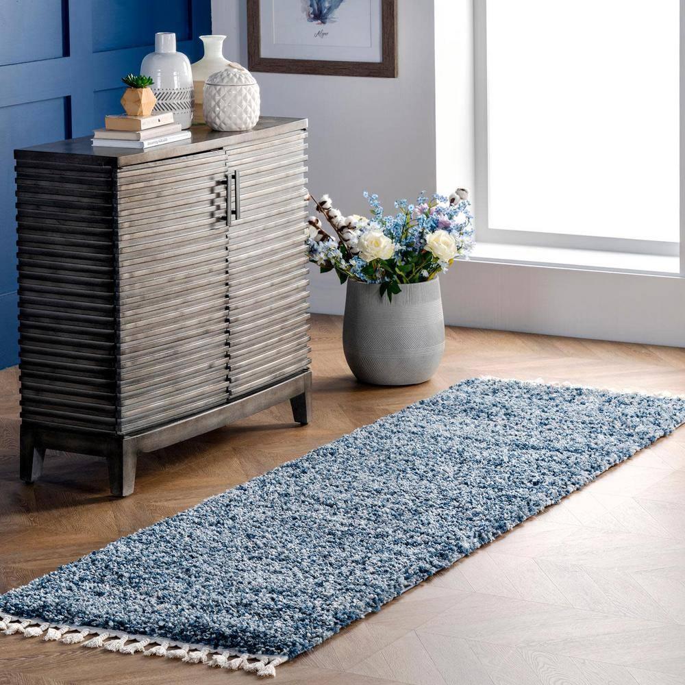 Nuloom Brooke Solid 2x6 Runner Shag Indoor Area Rug for Living Room Bedroom Dining Room Nursery Entryway Hallway, Blue/Ivory