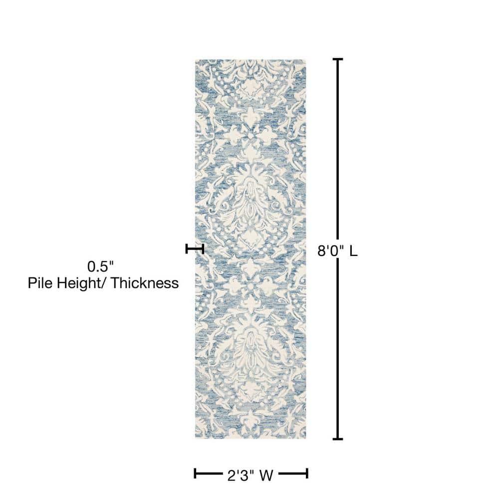 Elegant Blue Floral Hand-Tufted Wool Runner Rug 2'3" x 8'