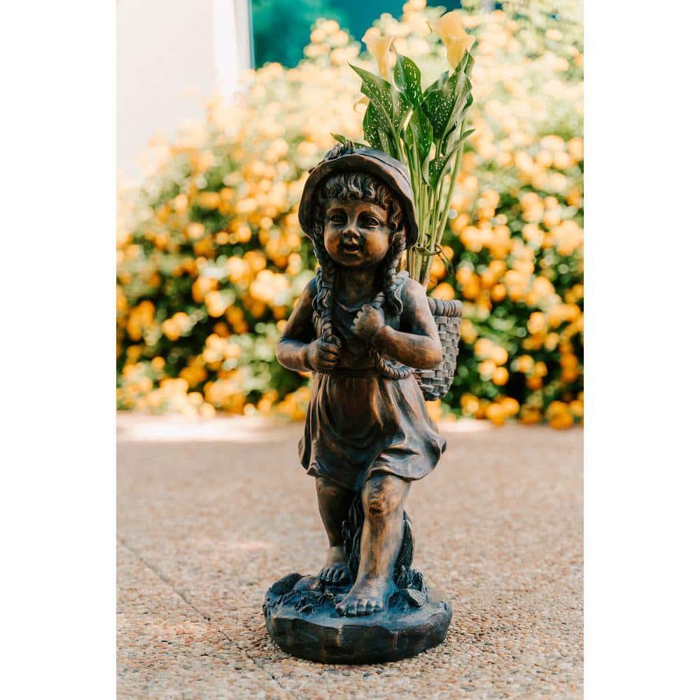 24in.H Faux Bronze Magnesium Oxide Walking Girl Garden Statue w/Small Flower PlantPot, Outdoor, Natural Design Sculpture