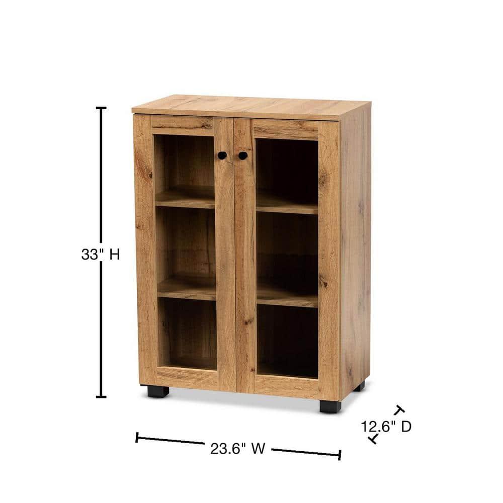 Mason Wood 2 Door Storage Cabinet with Glass Doors Oak Brown/Black - Baxton Studio: Contemporary Design, 3 Fixed Shelves