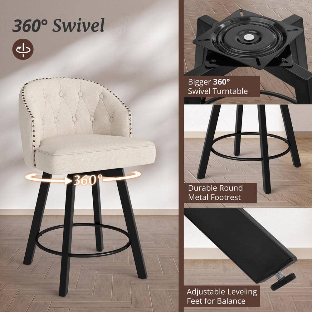 Counter Height Bar Stools Set of 3, 26" Swivel Fabric Upholstered Bar Stools with Backs and Metal Legs, Retro Counter Stools for Kitchen Island, Dining Room, Pub, Linen