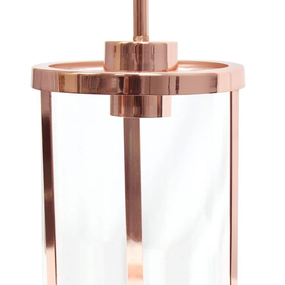 1-Light 9.25" Modern Farmhouse Adjustable Hanging Cylindrical Clear Glass Pendant Fixture with Metal Accent Rose Gold - Lalia Home