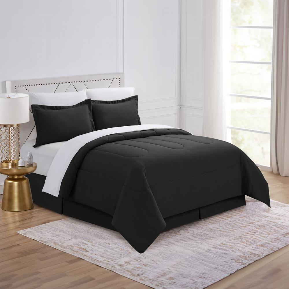 Swift Home | 8-Piece Ultra Soft Solid Bed-In-A-Bag Bedding Set Black Queen