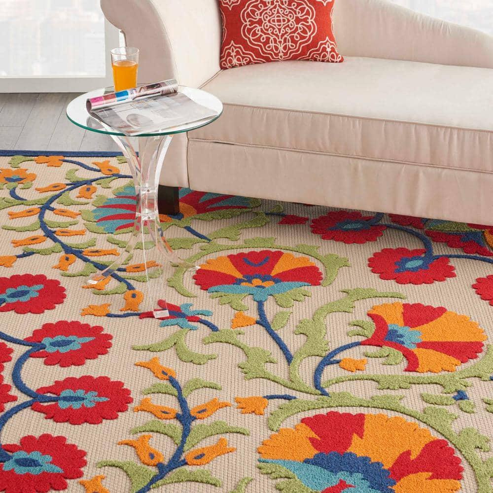Nourison Aloha Floral Easy Care Flatweave High-Low Indoor Outdoor Area Rug Red/Multi 7' x 10'