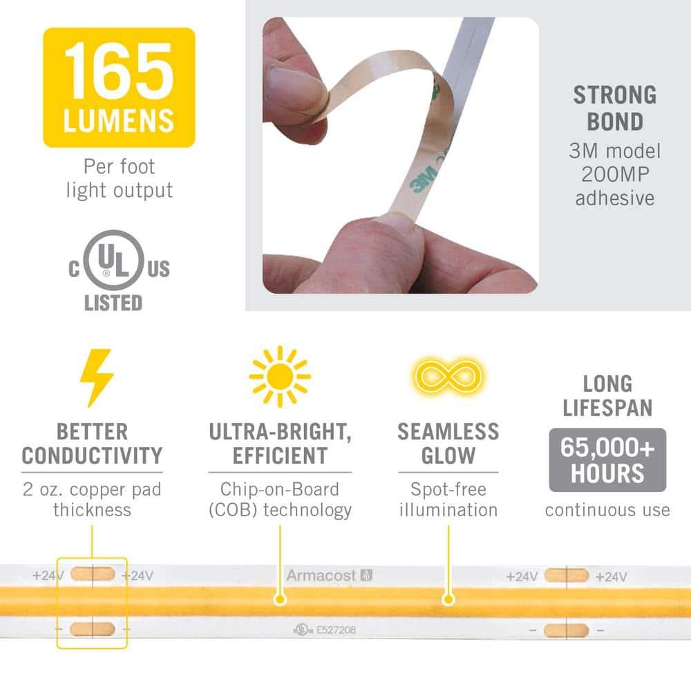 Armacost Lighting RibbonFlex Pro 24V White COB LED Strip Light Tape 3000K, 165 Lumens/Ft, 10M 171250