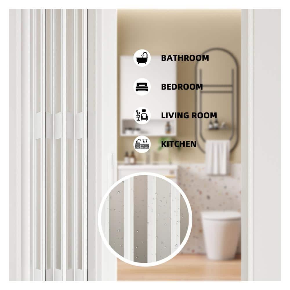 Upgrade Dual Layer Vinyl Accordion Door with Handles and Magnetic Door Lock, 4-Lite Frosted Acrylic Glass, White