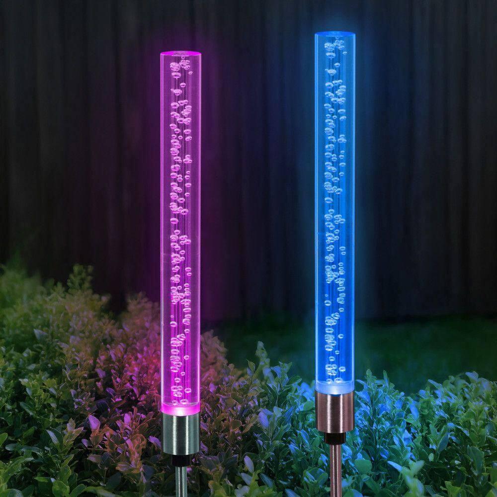 Exhart Two Color Changing Bubble Cylinder  Solar Powered Garden Stakes, 2.5x34 inches, Plastic (Outdoor Pathway Landscape Night Lights, For Home Garden, Patio, Yard, Home Decoration), Clear