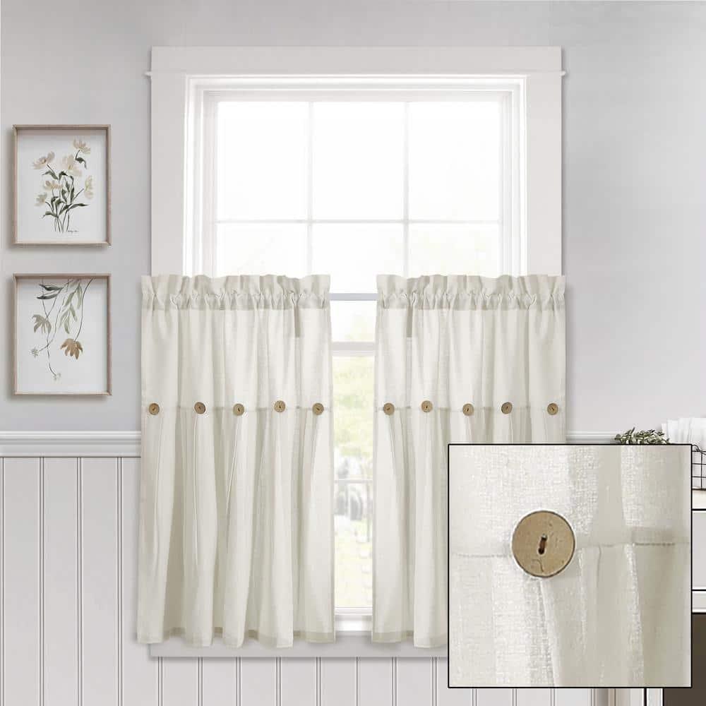 Set of 2 (36"x29") Farmhouse Linen Button Kitchen Curtain Tiers Off White - Lush Décor: Solid Cotton & Linen Rod Pocket