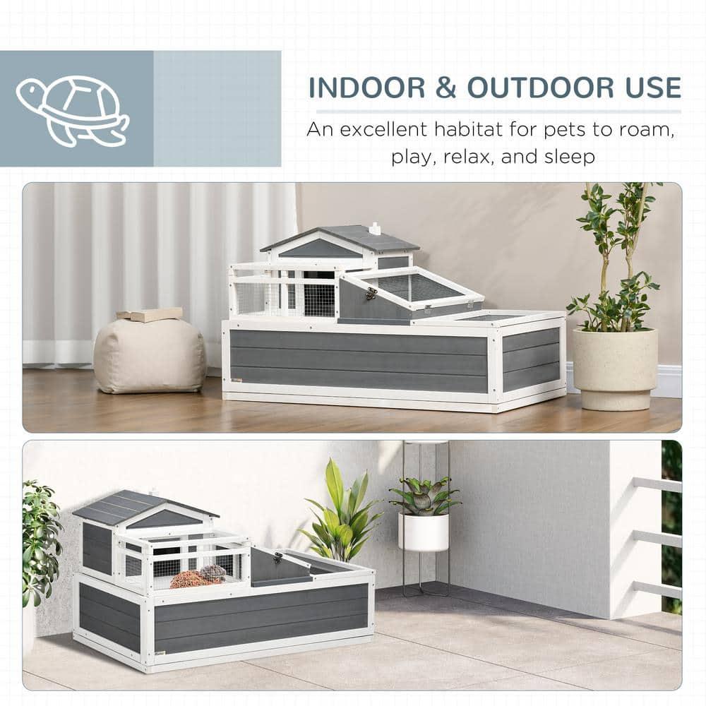 PawHut 3-Room Tortoise Habitat House w/ Balcony & 2 Stories, Wooden Indoor/Outdoor Tortoise Enclosure, Large Reptile Cage, 44" x 25.5" x 25", Gray