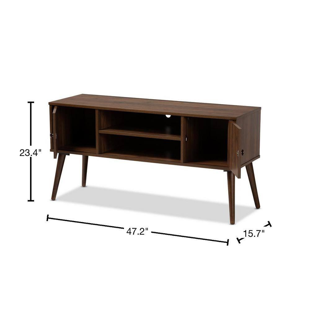 Alard 2 Door Wood TV Stand for TVs up to 50" Walnut - Baxton Studio: Mid-Century Modern Media Console with Fixed Shelves