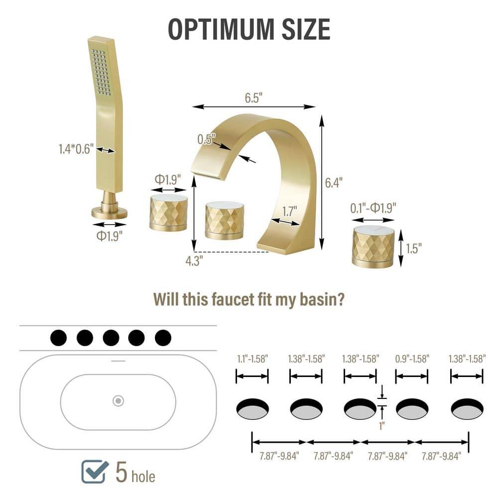 3 Handles Deck Mounted Bathroom Tub Faucet Trim with Handshower
