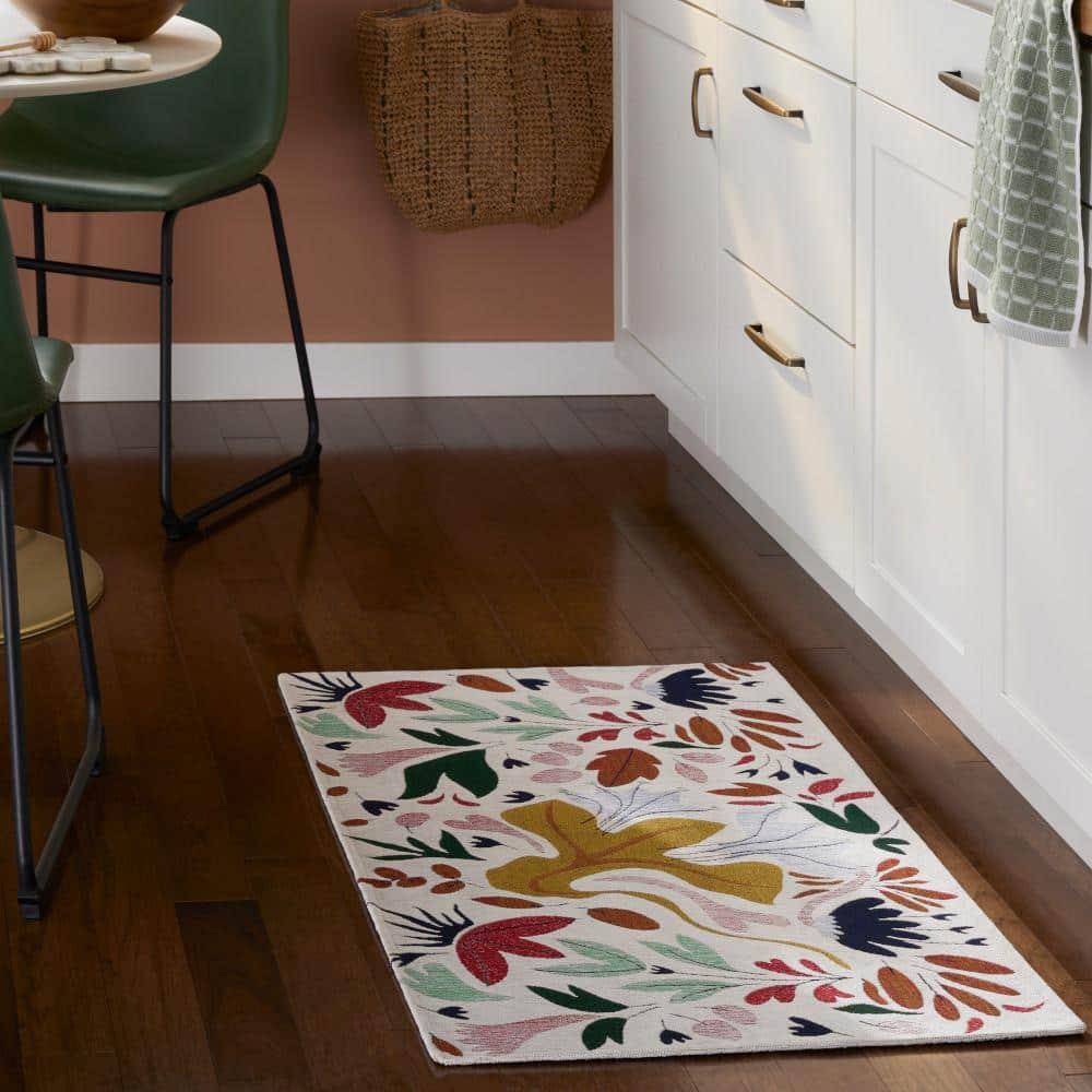 TOWN & COUNTRY LUXE Livie Floral Drip Everwash Washable Multi-Use Decorative Rug with Non-Slip Backing, Cream, 24"x40"