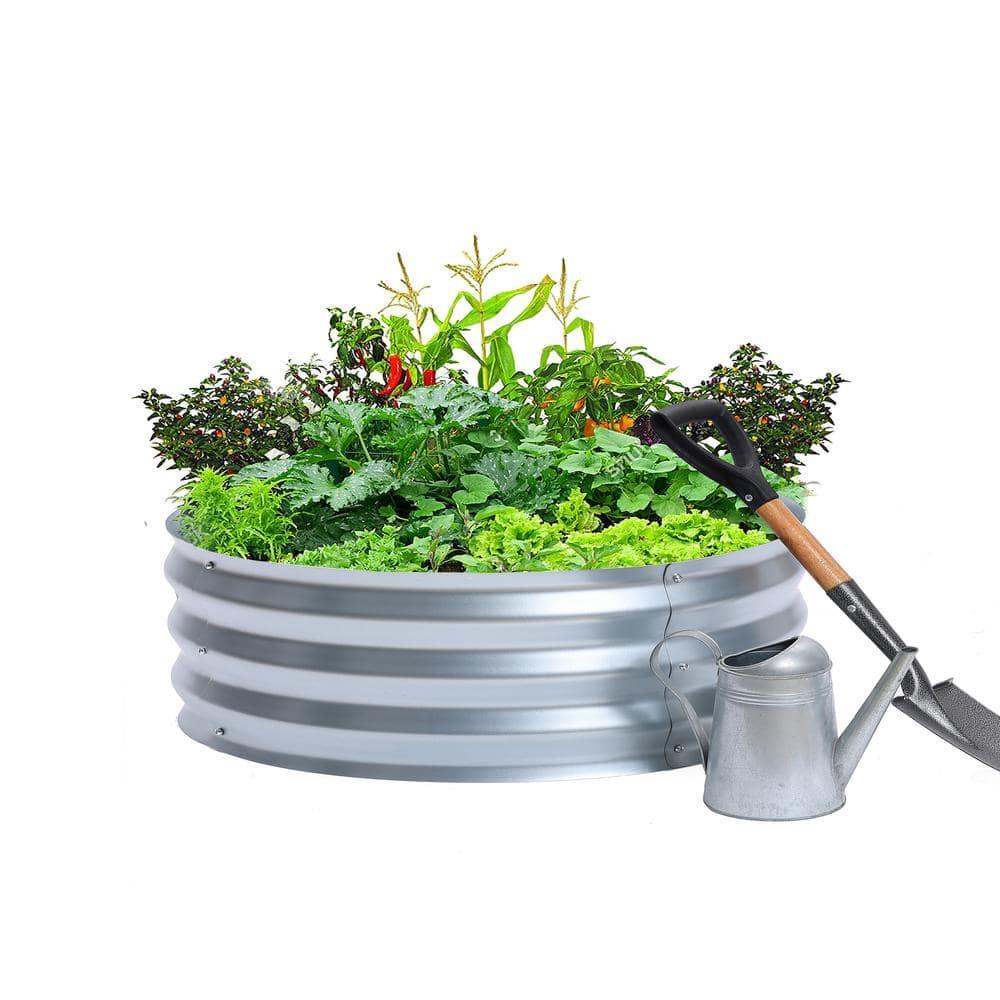 LuxenHome 3ft Round Galvanized Metal Raised Garden Bed Planter Silver