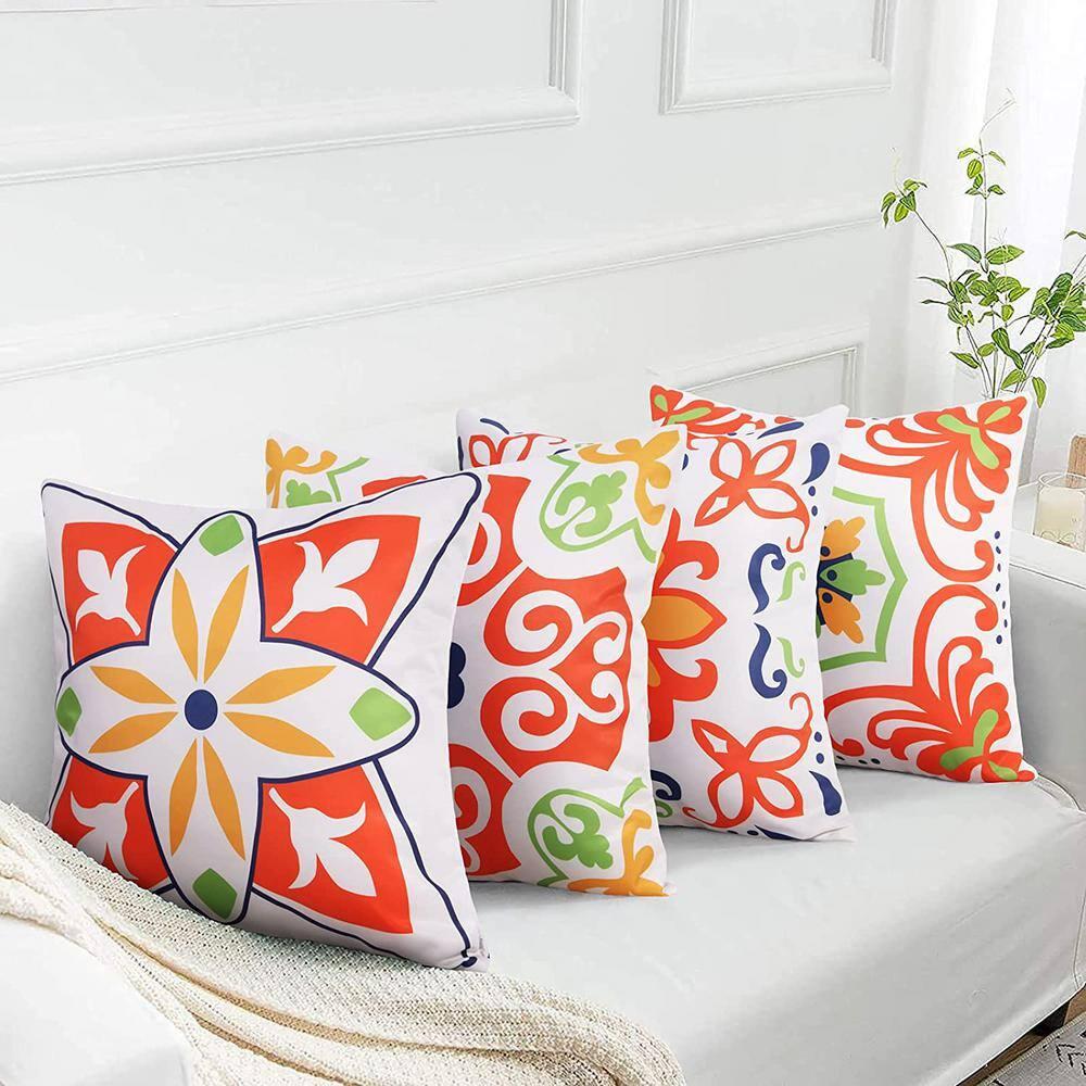 Pyonic Outdoor Waterproof Throw Pillow Covers for Patio Furniture Decorative Boho Pillow Covers 18x18 Floral Printed for Patio Tent Couch Garden Set of 4,Orange