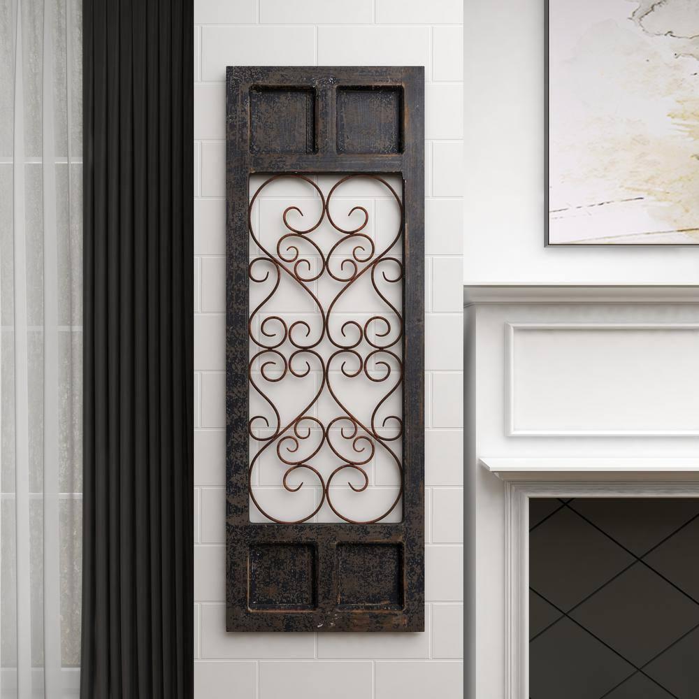 Olivia & May Traditional Wood Scroll Window Inspired Wall Decor with Metal Scrollwork Relief Brown: Vertical Iron Frame, Carved Art Object