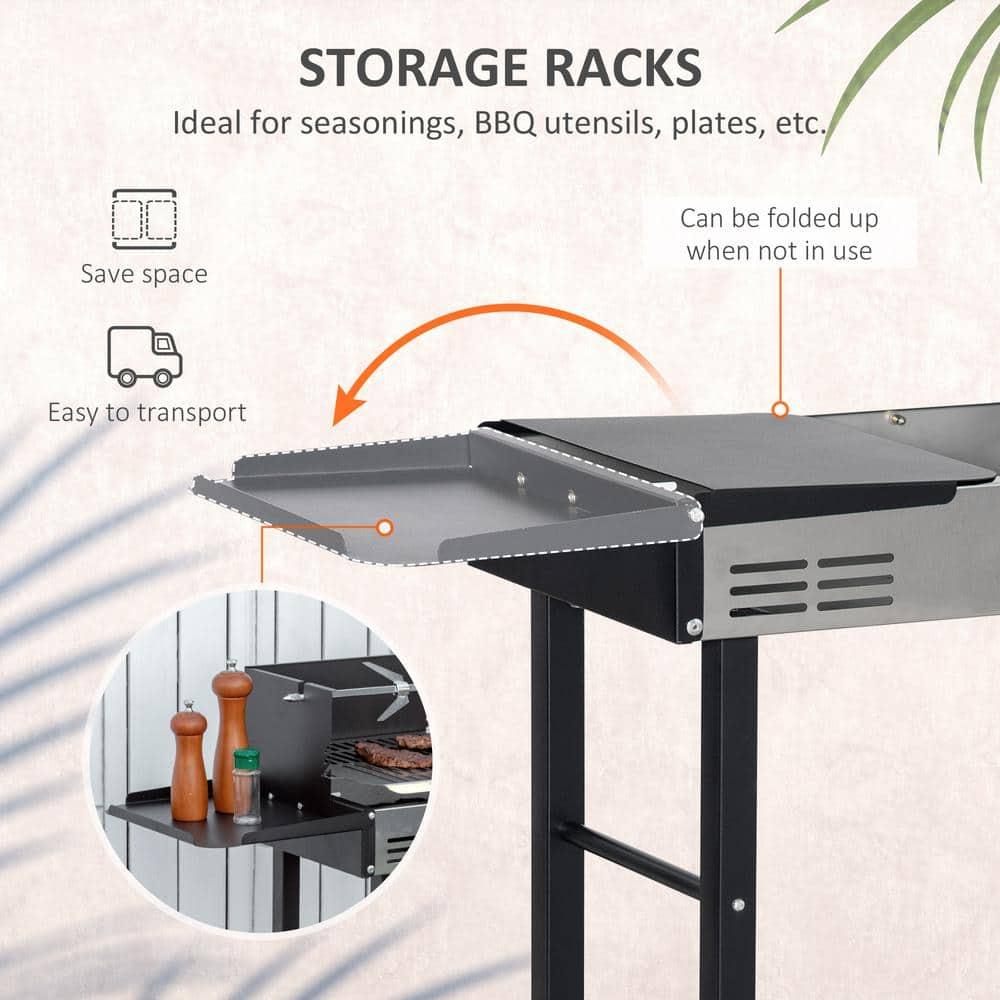 Outsunny BBQ Rotisserie Grill Roaster for Chicken or Turkey with 3-Level Grill Grate, Foldable Storage Shelves, and Wind Deflector, Stainless Steel