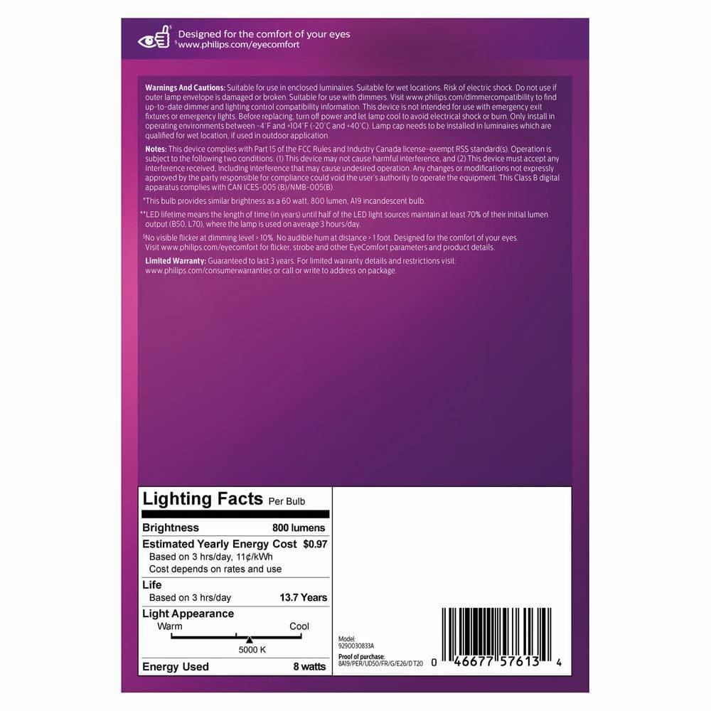 Philips UltraDef LED 60W Frosted Daylight A19 4P: Energy Star Certified Dimmable Light Bulbs, 800 Lumens, 13.7-Year Life