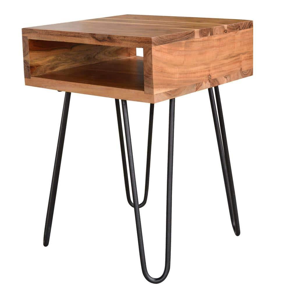 16 in. Brown Acacia Wood End Table with Metal Hairpin Legs