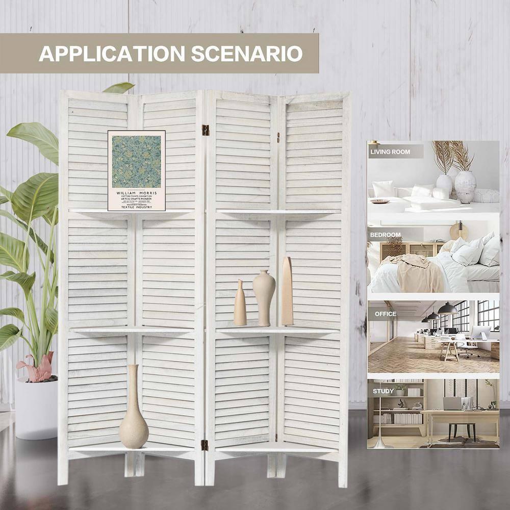 Dovelina 4 Panel Room Divider with Shelves, 5.6Ft Portable Wood Room Partitions, White
