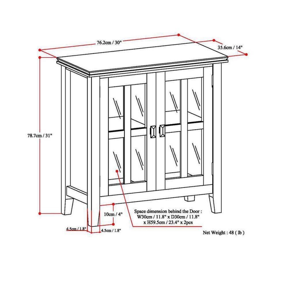 Simpli Home Artisan 30"W Solid Wood 2-Shelf Low Storage Cabinet with Glass Doors and Adjustable Shelves