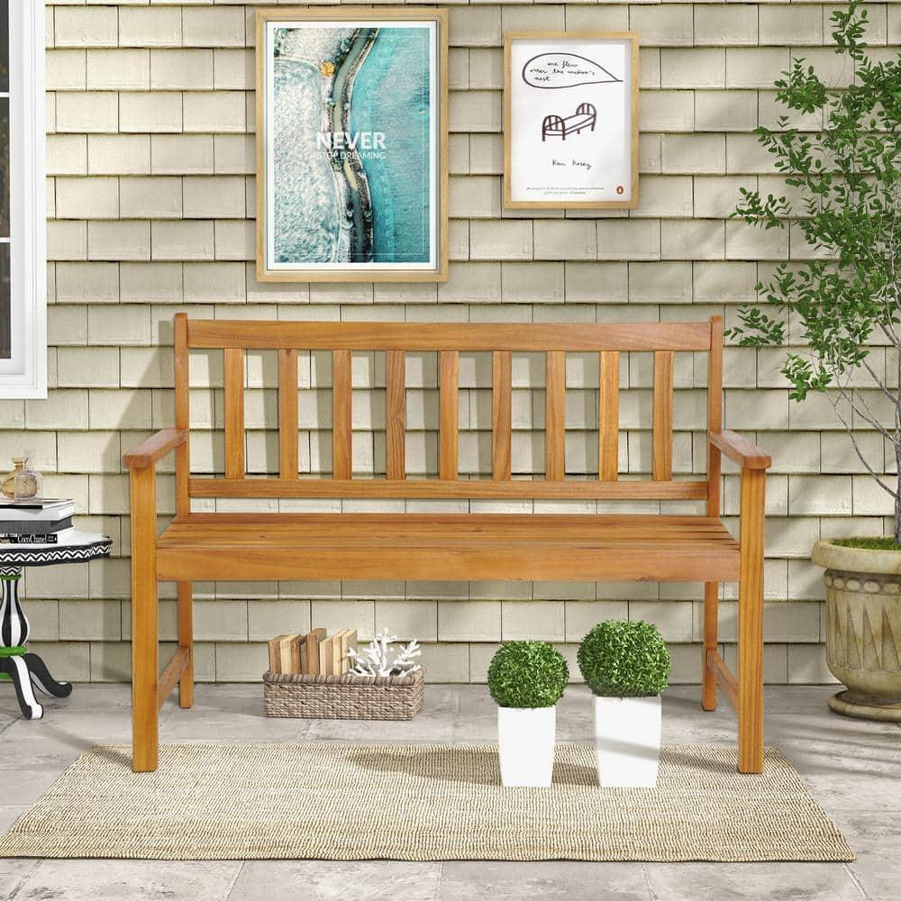 Natural Acacia Wood 2-Person Outdoor Bench with Armrests