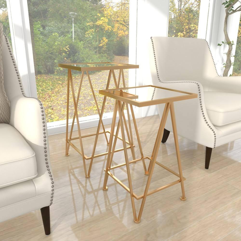 DecMode 15" x 26" Gold Metal Accent Table with Mirrored Glass Top, 2-Pieces