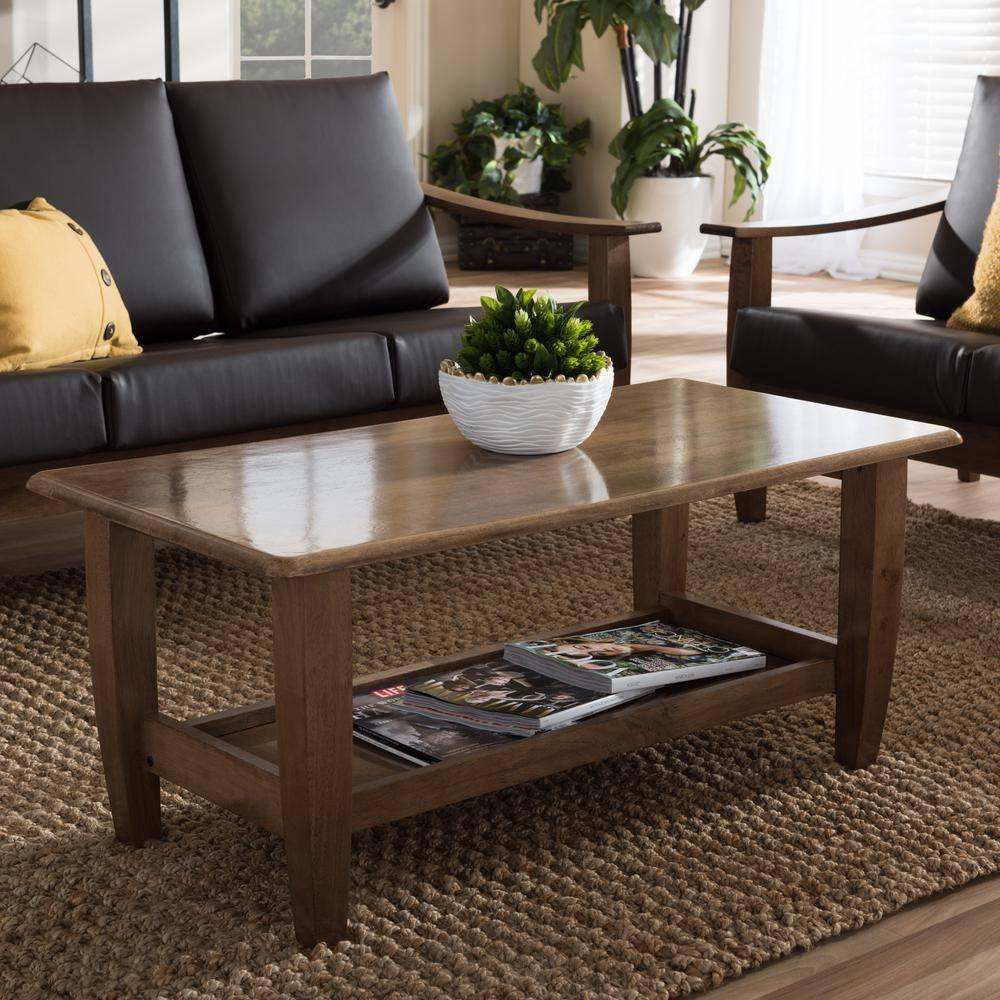 Pierce Mid-Century Modern Finished Coffee Table: Rubberwood Shelf, Lounge Style - Baxton Studio