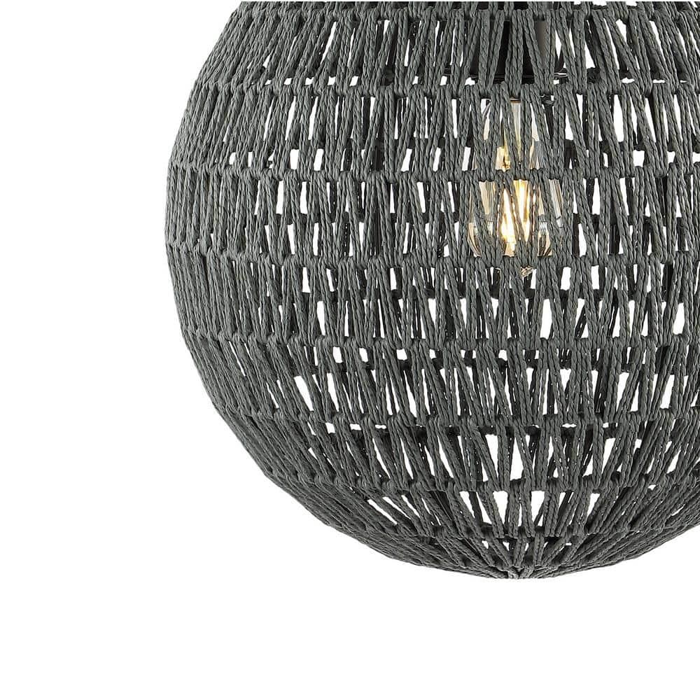 Luna 15.75" 1-Light Bohemian Modern Woven Rattan/Iron LED Pendant, Grey/Black