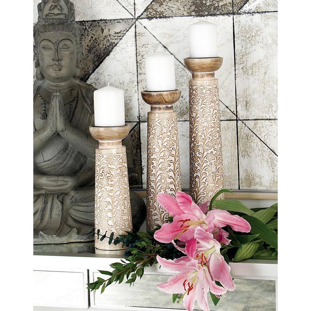 Set of 3 Rustic Cylindrical Mango Wood Candle Holders Off White - Olivia & May: Elegant Tabletop Decor