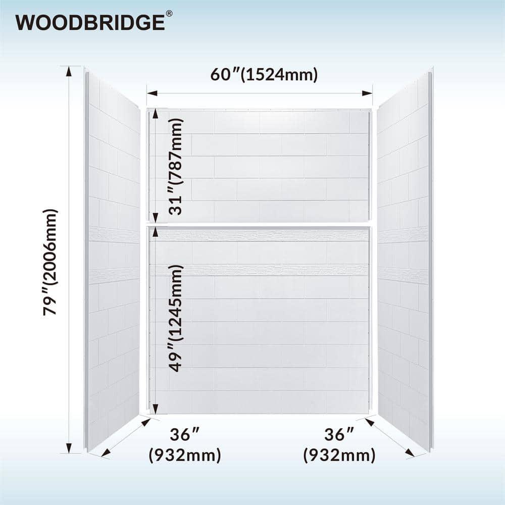 WoodBridge Solid Surface Shower Wall Panel Surround, High Gloss White Finish, Cuttable, Two Installation Methods (Screw Mounting or Glue-Up Design)