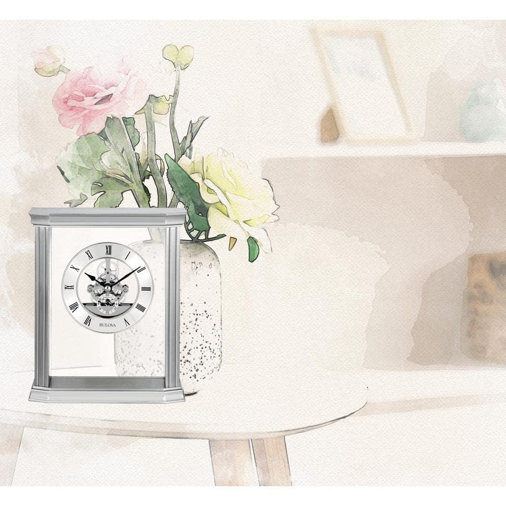 Bulova Roman Numeral Stainless Steel Quartz Movement / Crystal Tabletop Clock with Alarm in Silver